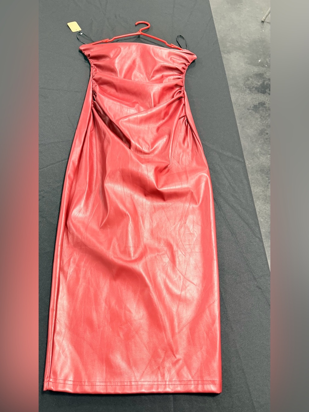 SHEIN Red Strapless Faux Leather Midi Dress